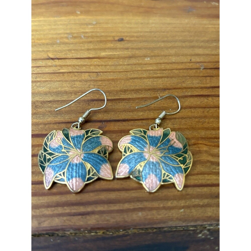 Vintage SG Cloisonne Floral Dangling Drop Earrings